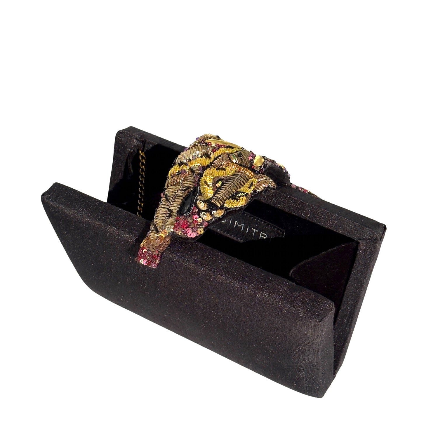 Onyx Raaka Clutch Bag - Hand embroidered panther with gold and copper sequins on black faux silk clutch