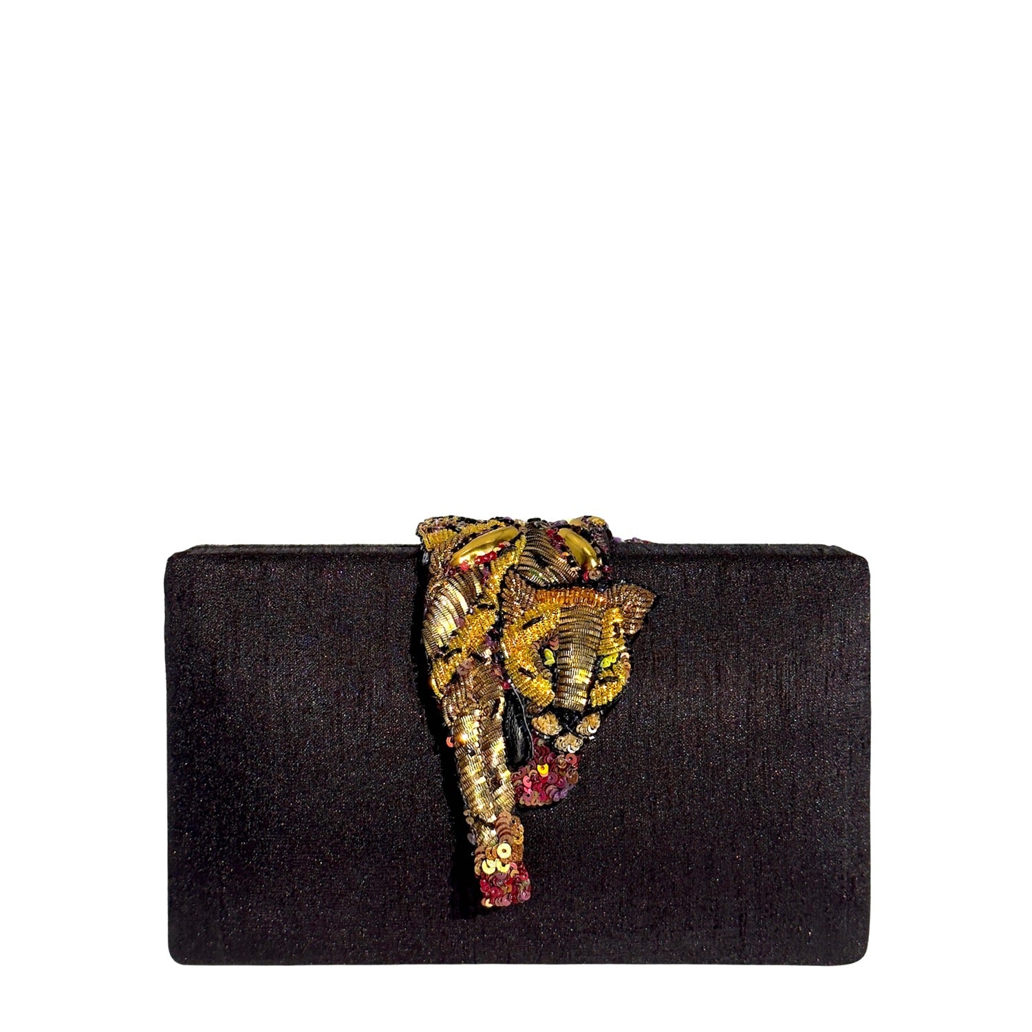 Onyx Raaka Clutch Bag - Hand embroidered panther with gold and copper sequins on black faux silk clutch