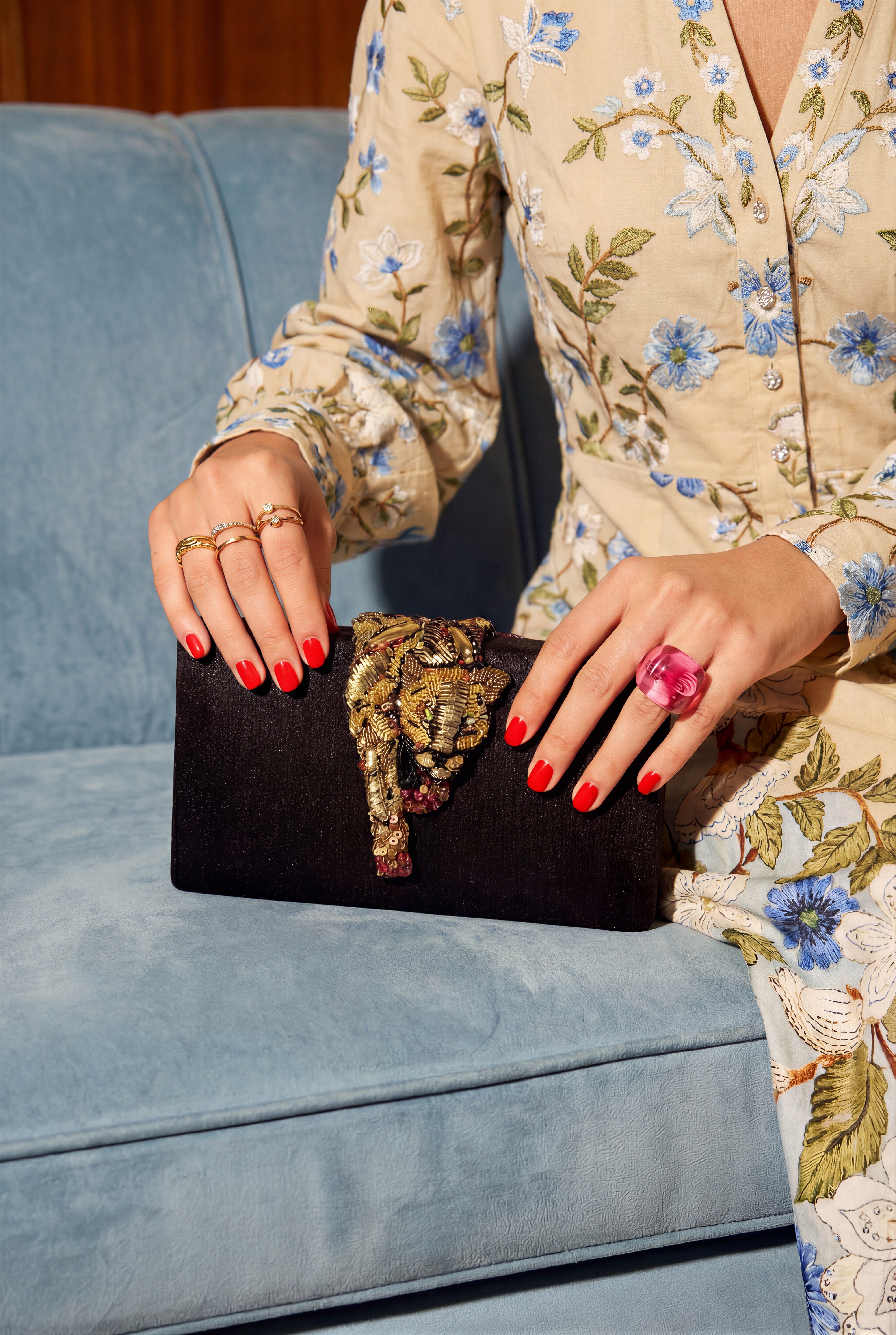 Onyx Raaka Clutch Bag - Hand embroidered panther with gold and copper sequins on black faux silk clutch