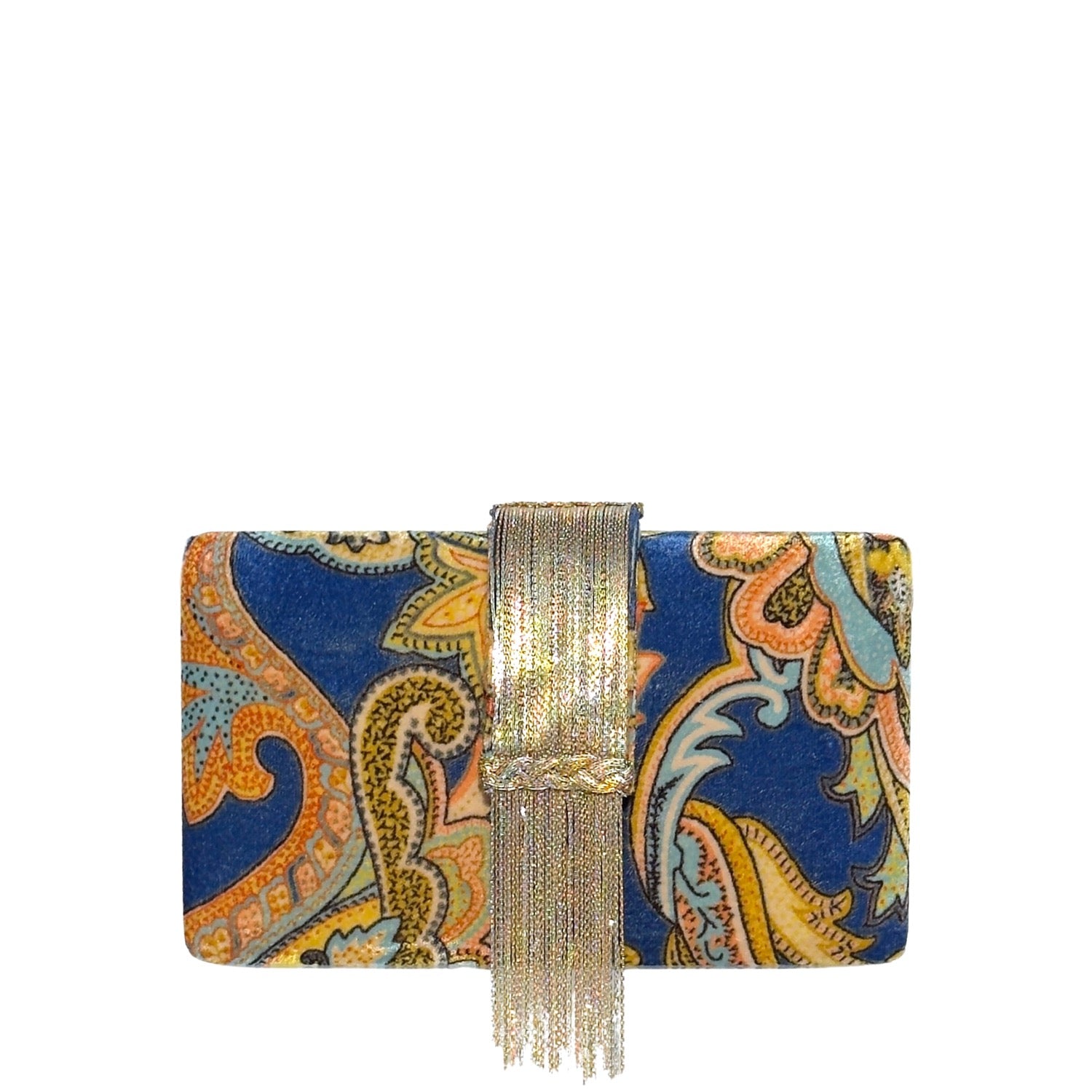 Paisley Fringe Clutch - Velvet fabric floral handmade clutch bag with gold & silver tassels as magnetic flap