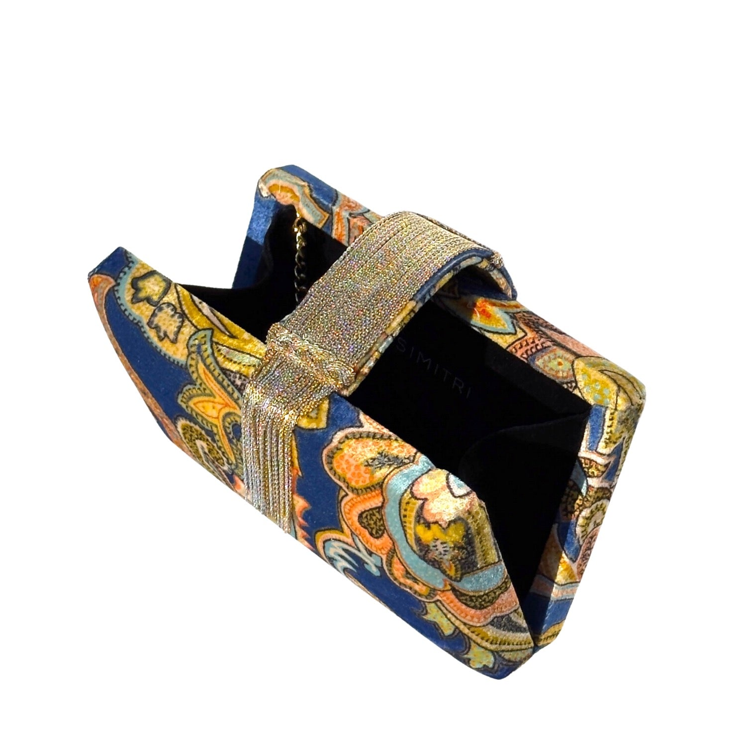 Paisley Fringe Clutch - Velvet fabric floral handmade clutch bag with gold & silver tassels as magnetic flap