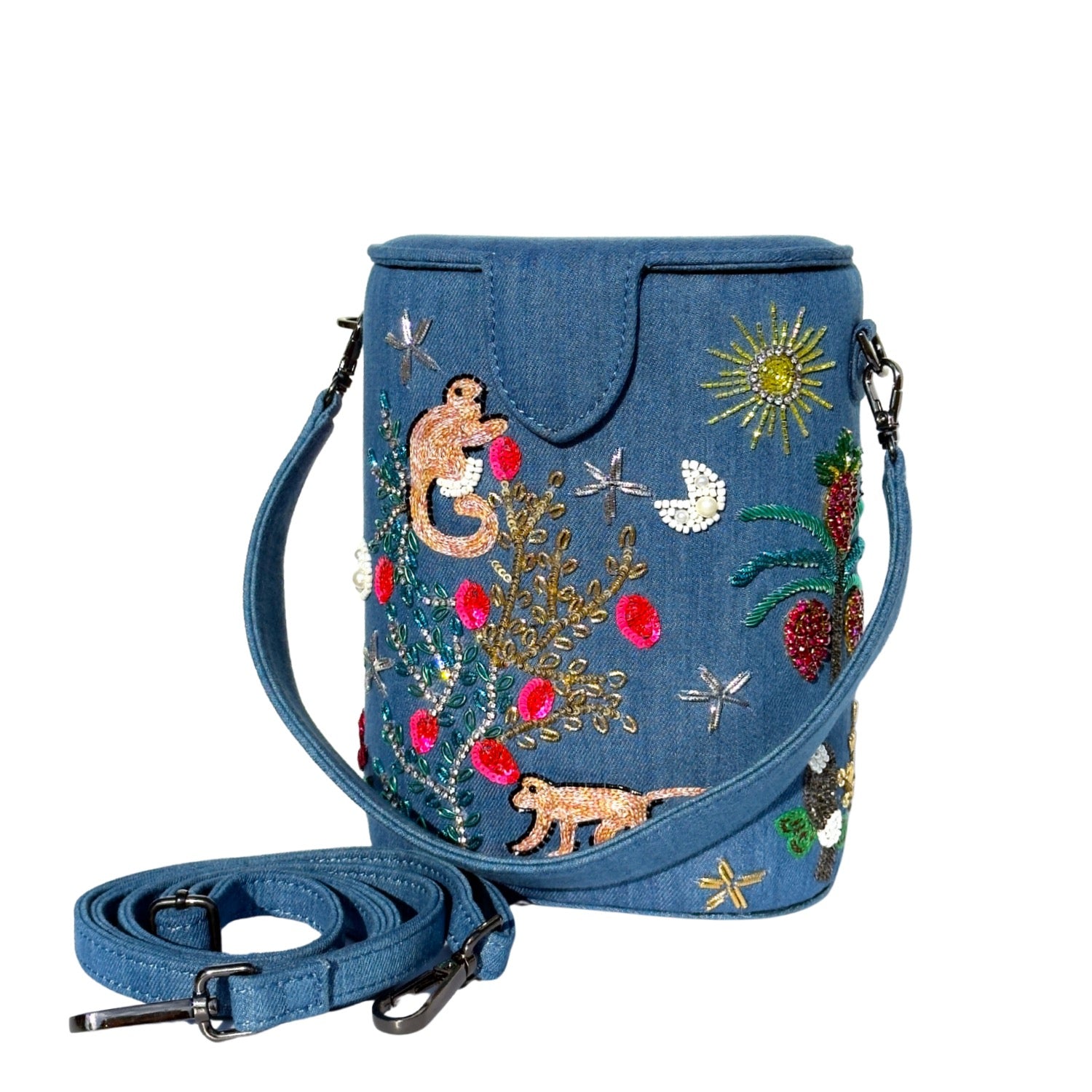Palm Paradise Bucket Bag - hand embroidered denim fabric bucket bag 