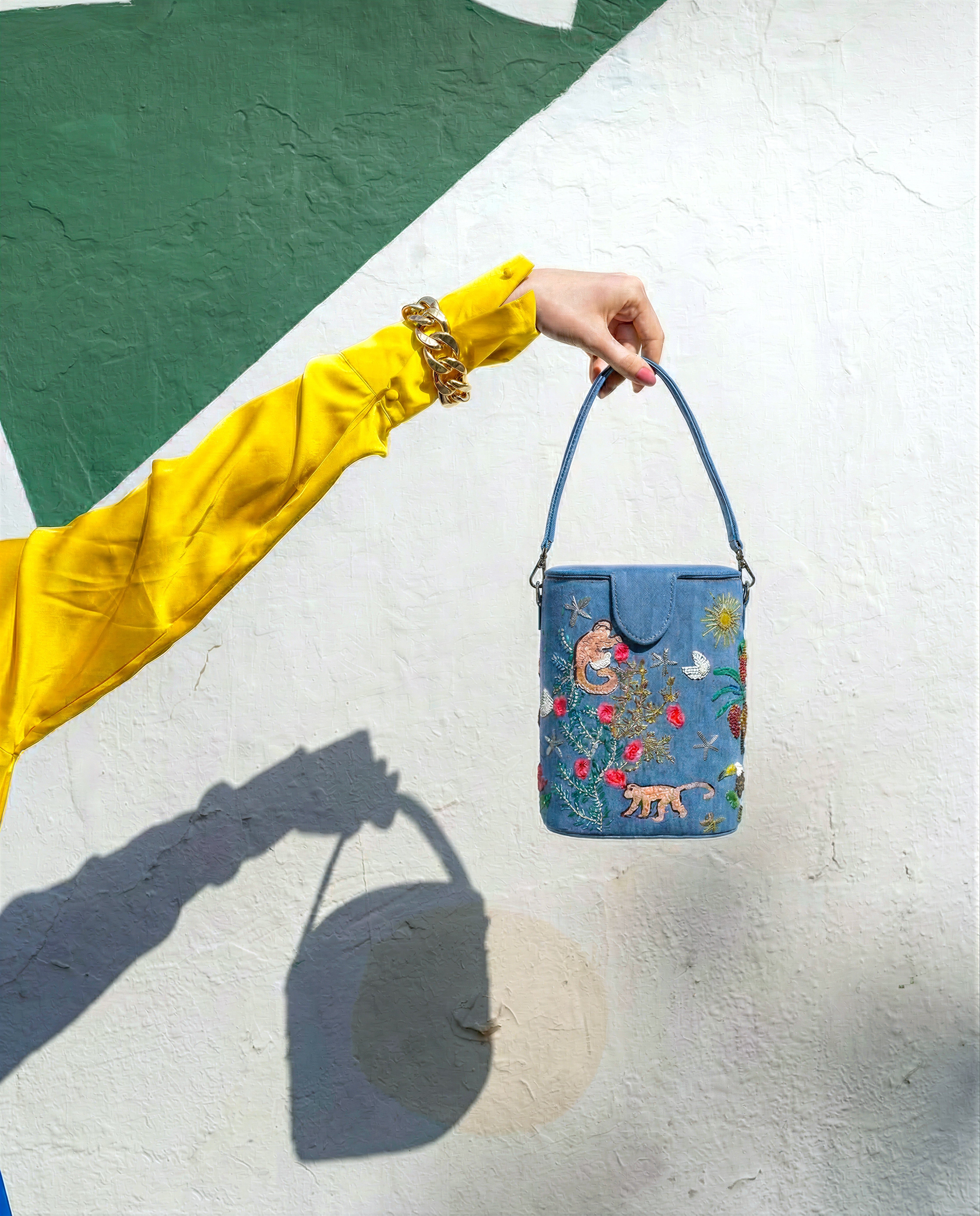 Palm Paradise Bucket bag- hand embroidered denim fabric bucket bag 