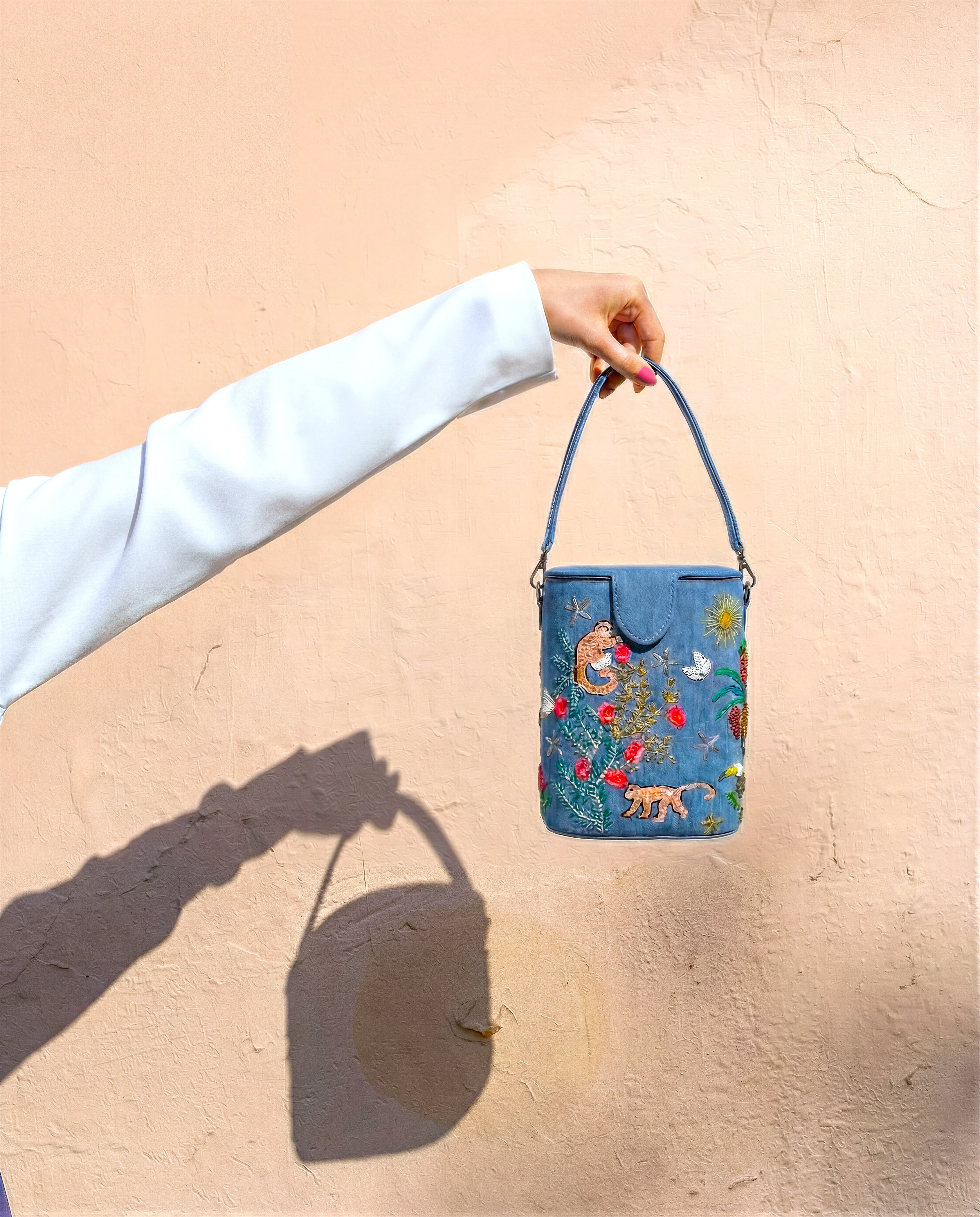 Palm Paradise Bucket bag- hand embroidered denim fabric bucket bag 