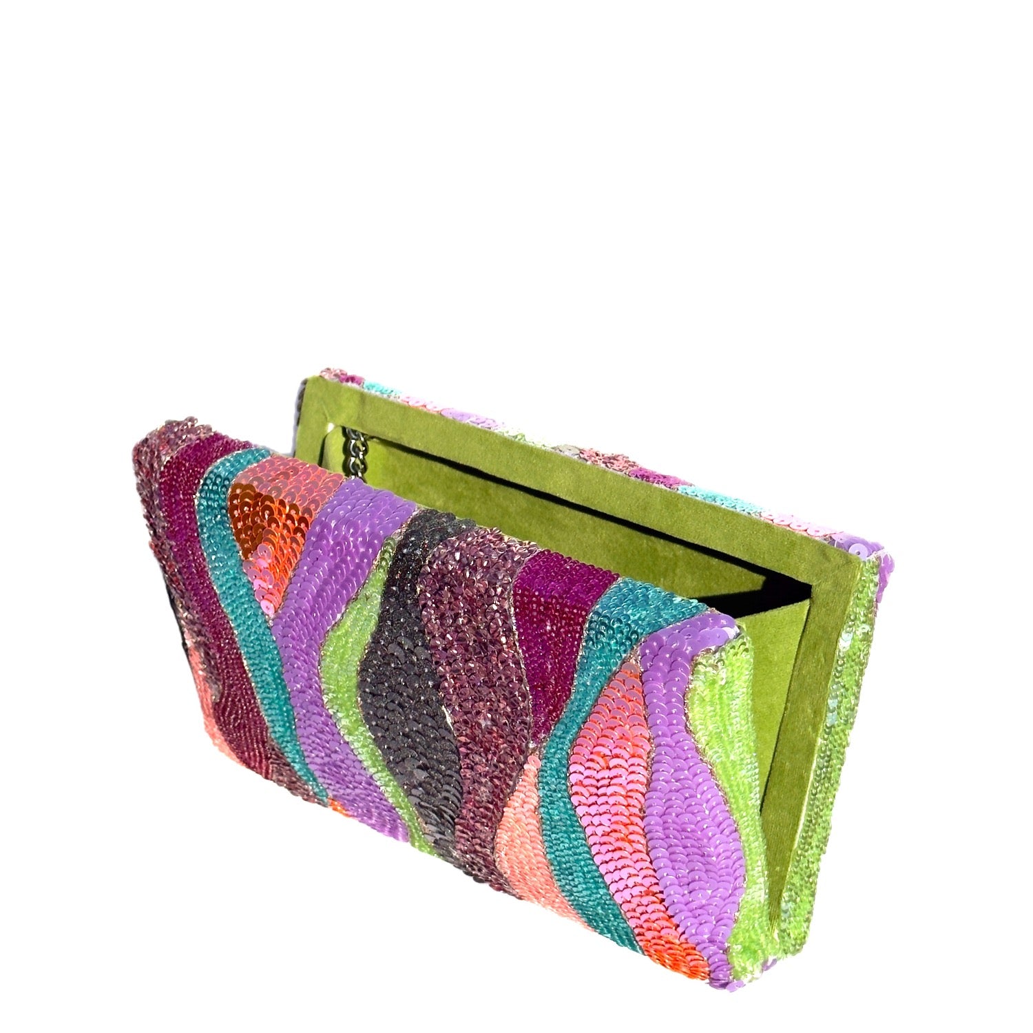 Pastel Dune Clutch - Multicolored handmade sequin clutch bag with cross body metal chain