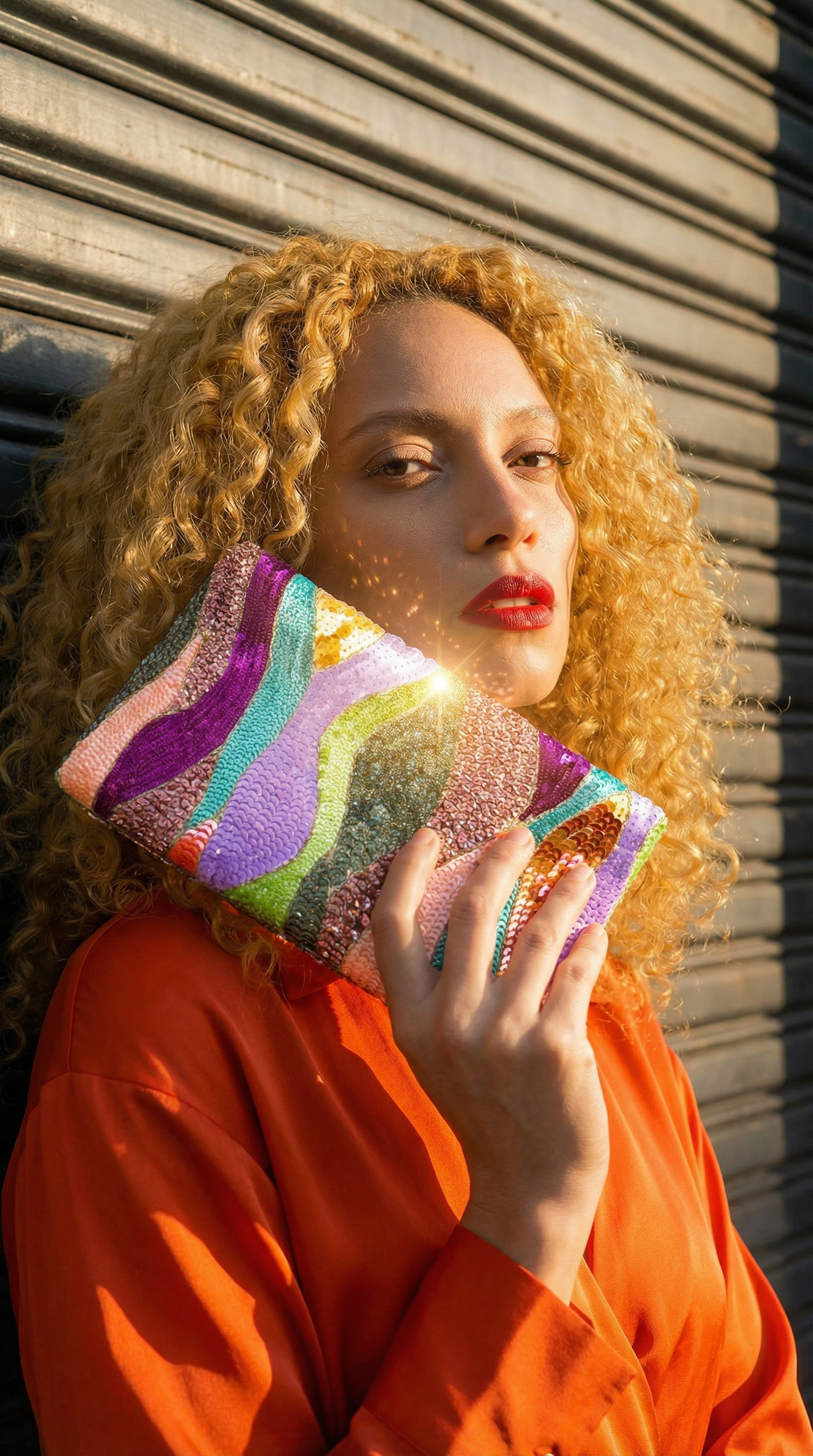 Pastel Dune Clutch - Multicolored handmade sequin clutch bag with cross body metal chain