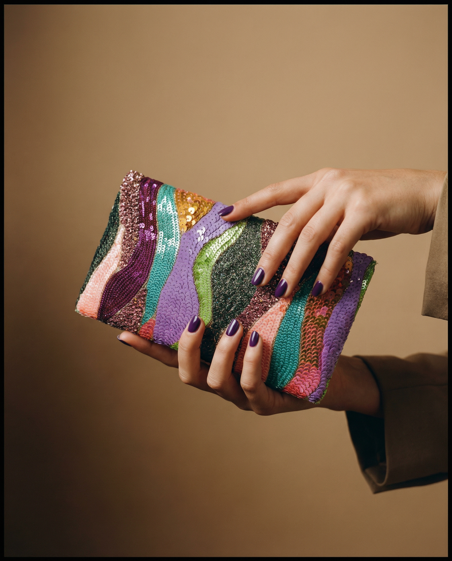 Pastel Dune Clutch - Multicolored handmade sequin clutch bag with cross body metal chain