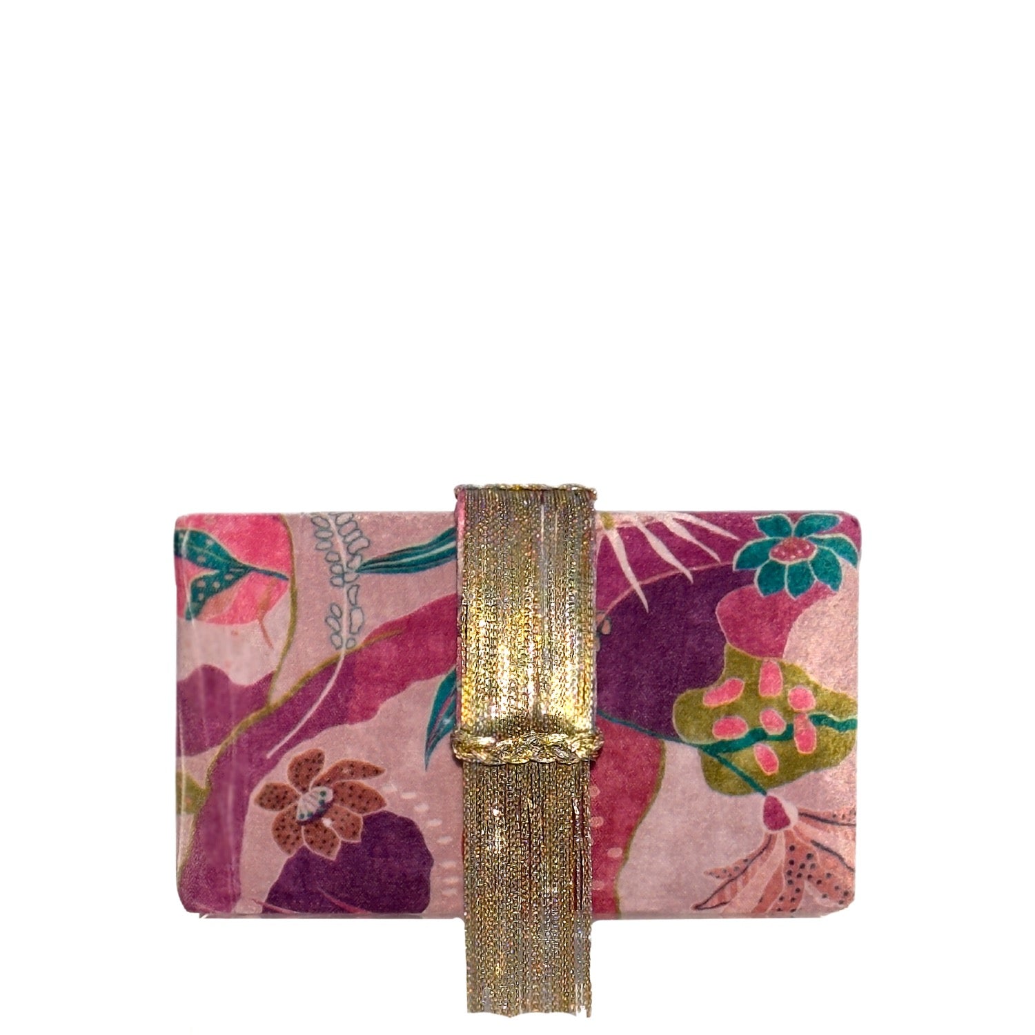 Petals Fringe Clutch - Velvet fabric floral handmade clutch bag with gold & silver tassels as magnetic flap