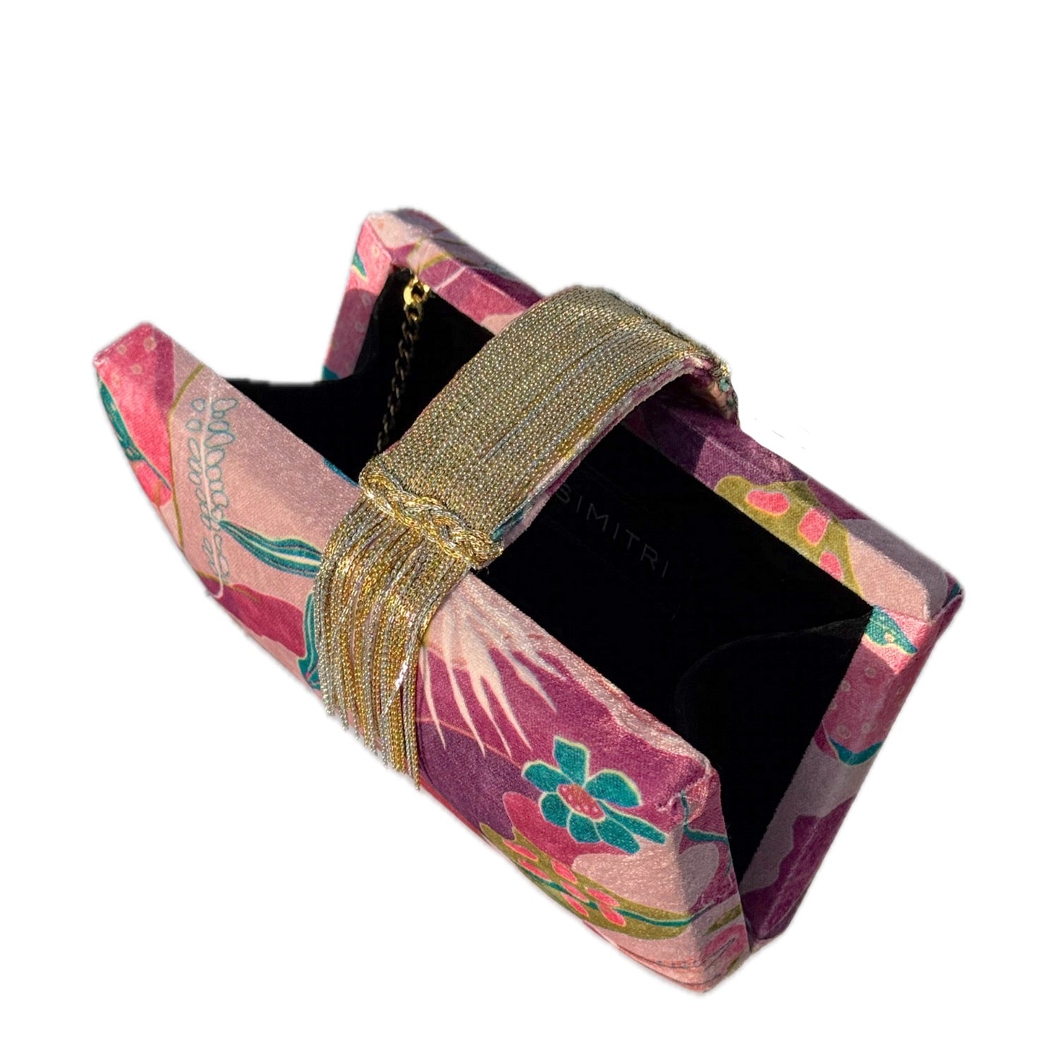 Petals Fringe Clutch - Velvet fabric floral handmade clutch bag with gold & silver tassels as magnetic flap