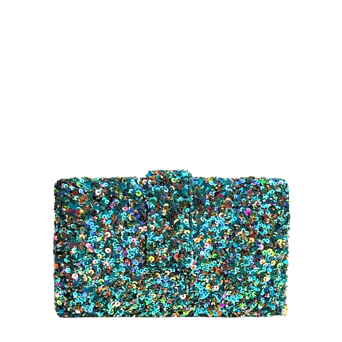 A rectangular clutch bag covered in dense, iridescent sequins that shift between teal, blue, green, and purple, set against a plain white background.