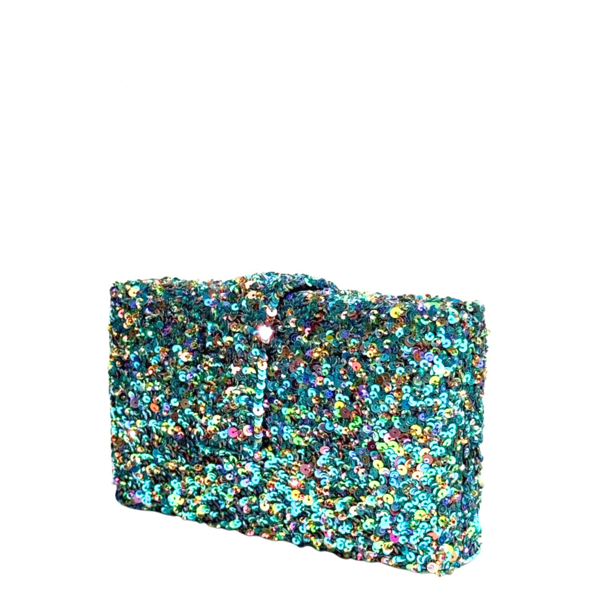 A rectangular clutch bag covered in dense, iridescent sequins that shift between teal, green, blue, and gold, featuring a top handle and a small rhinestone clasp, set against a plain white background.