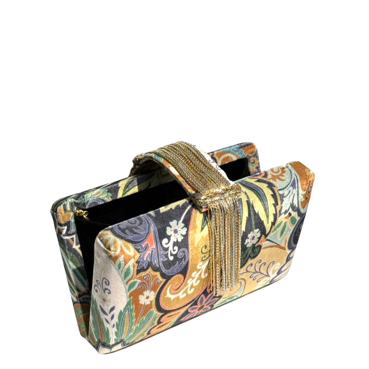 A rectangular clutch bag with a vibrant multicolor paisley and floral pattern, featuring a gold beaded handle and fringe detail, set against a plain white background.