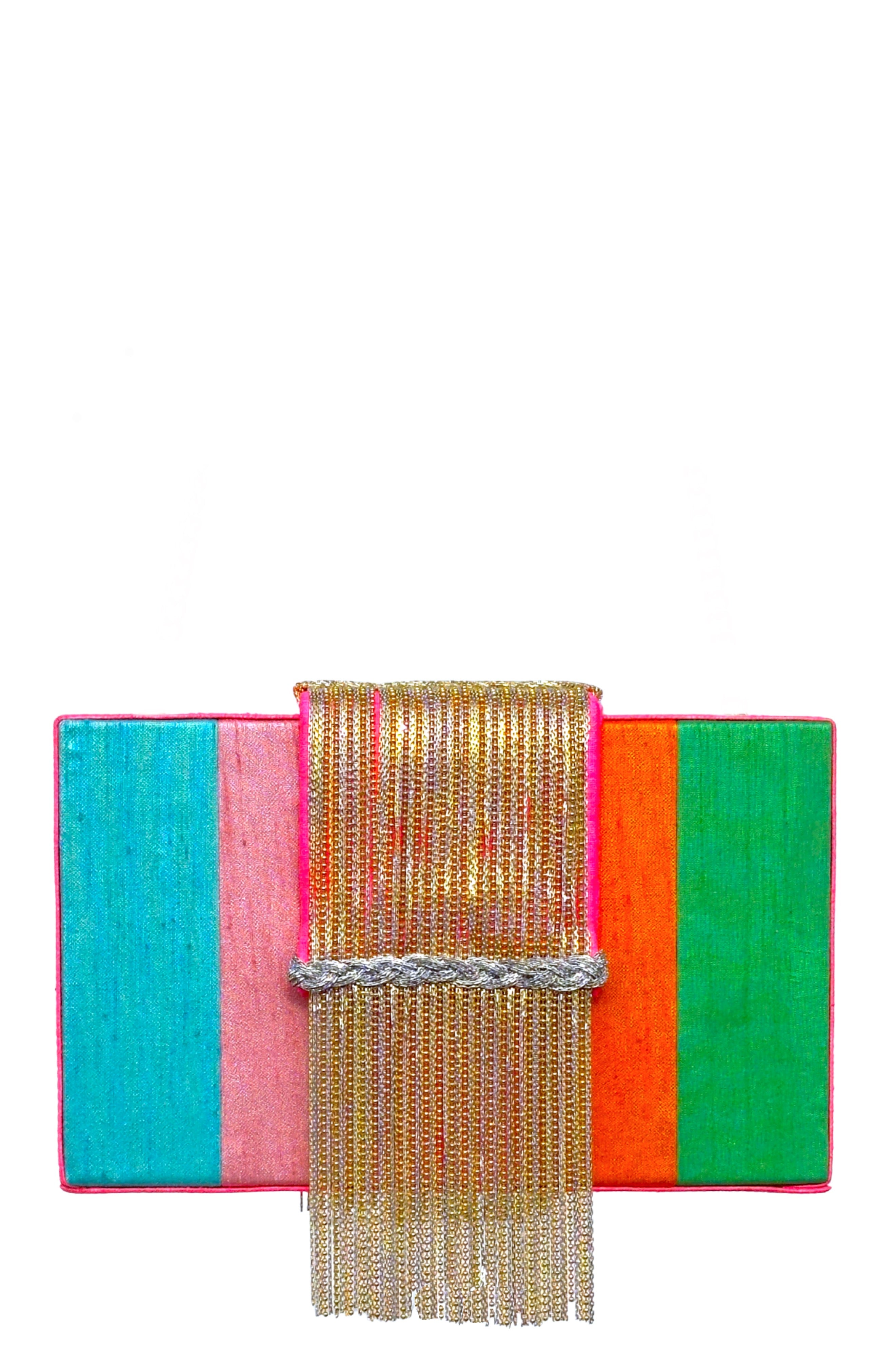 Skittles Dreamy Clutch - Colorful faux silk clutch bag with a gold fringe detail 