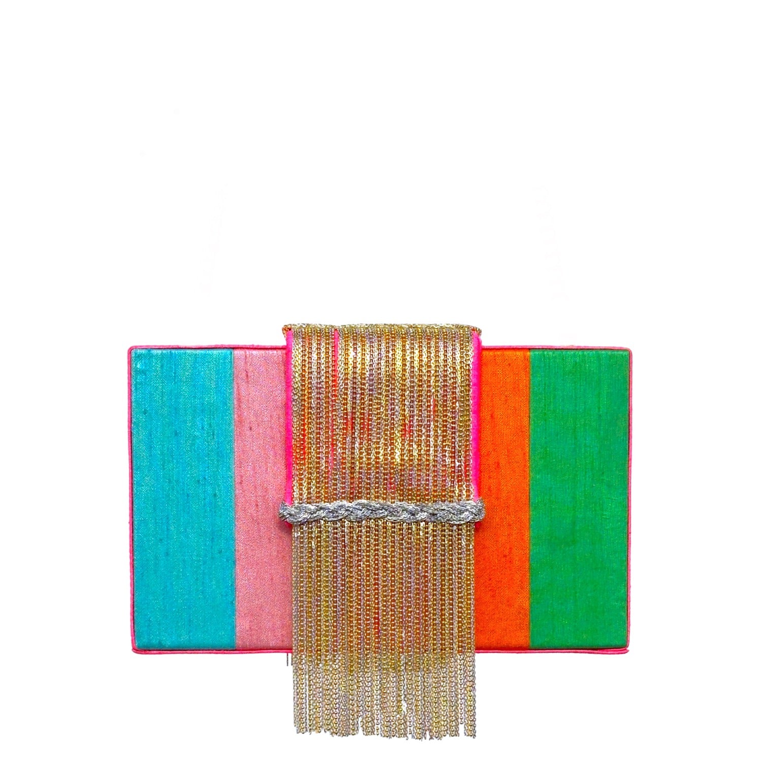 Skittles Dreamy Clutch - Colorful faux silk clutch bag with a gold fringe detail 