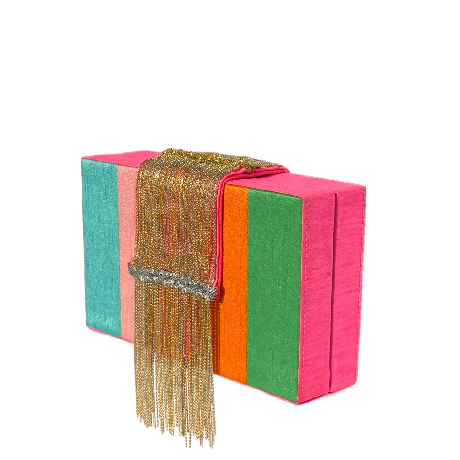 Skittles Dreamy Clutch - Colorful faux silk clutch bag with a gold fringe detail 