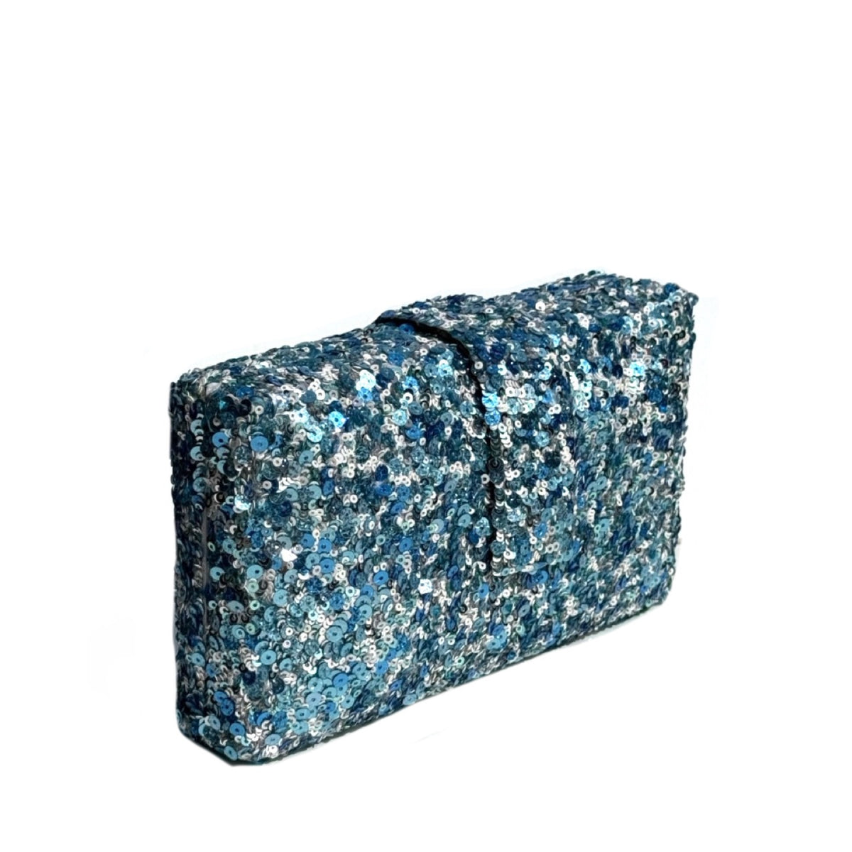 A rectangular clutch bag covered in shimmering blue, silver, and teal sequins, shown on a plain white background.