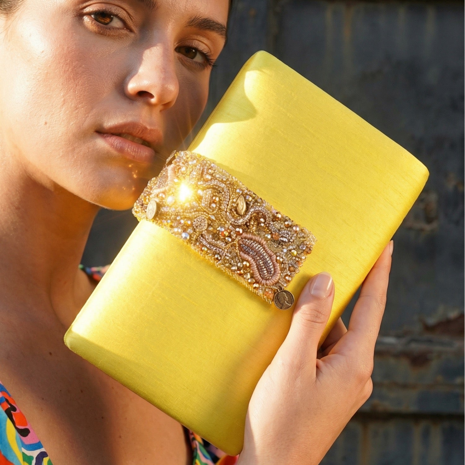 Sunflower Braided Clutch - Yellow clutch with handmade beaded magnetic flap