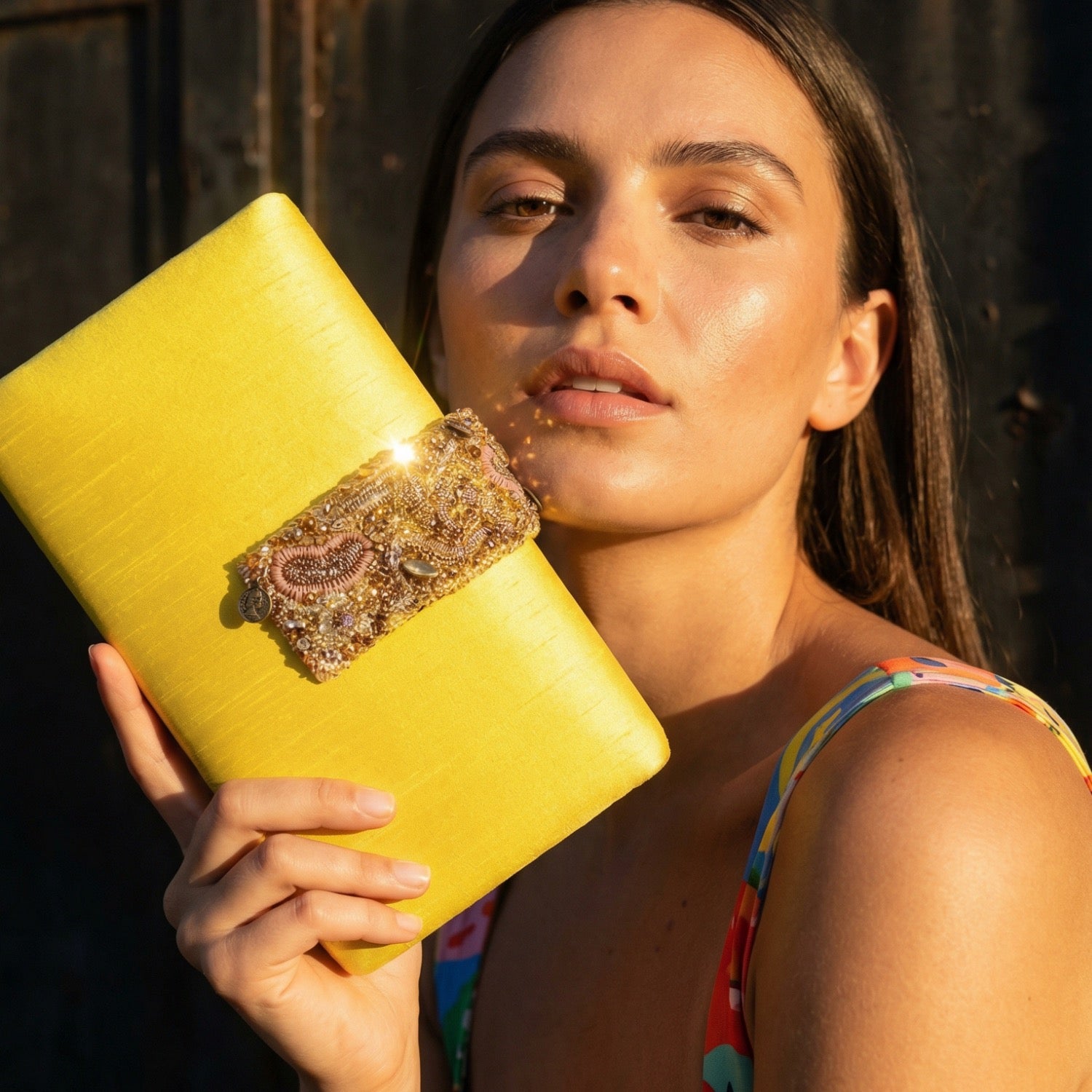 Sunflower Braided Clutch - Yellow fabric clutch with handmade beaded magnetic flap